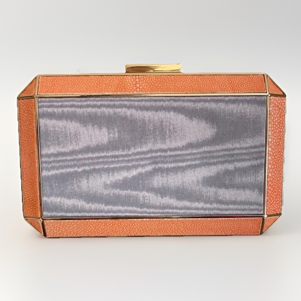 Anya Hindmarch Duke Stingray Moire Clutch Gold Metal Silk Gray Coral